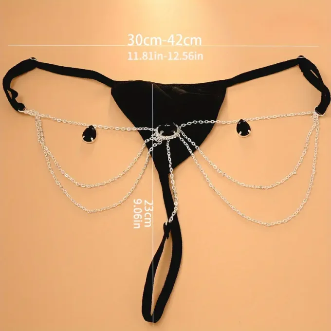 A Trendy And Stylish New Artificial Black Zirconia Sexy Underwear Chain For Ladies, Perfect For A Spicy Night Club Look, Featuring A Bikini Body Chain.