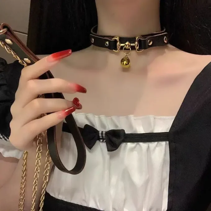 1pc Y2K Style Sexy Faux Leather Choker Necklace with Small Bell and Puppy Pulling Rope for Women - Party and Vacation Accessory