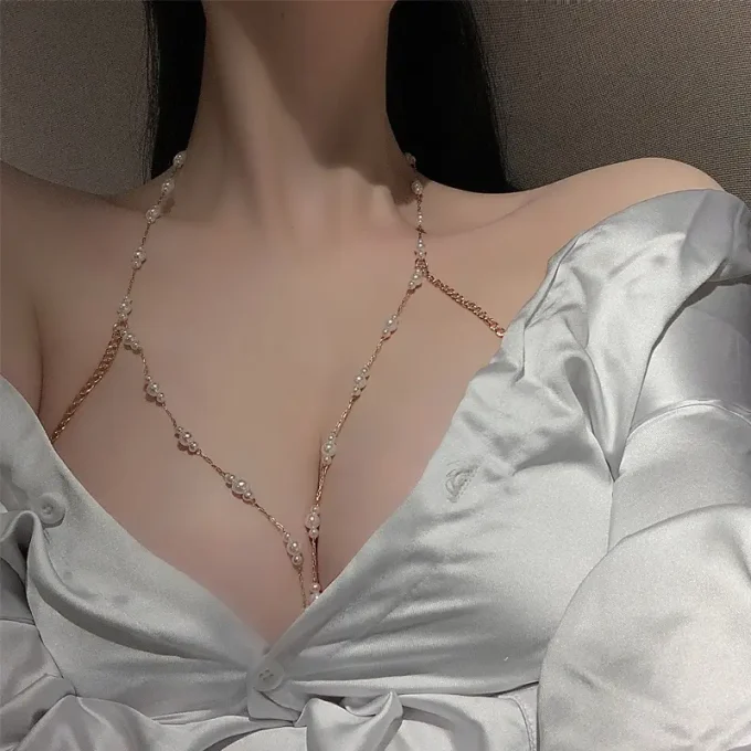 Luxury Pearl Chain for Party, Sexy Pearl Body Chain with Tassel Pearl Light