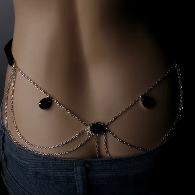 A Trendy And Stylish New Artificial Black Zirconia Sexy Underwear Chain For Ladies, Perfect For A Spicy Night Club Look, Featuring A Bikini Body Chain.