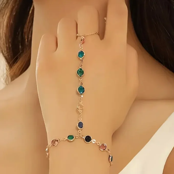 Vibrant Bohemian Chain Wristband - Adjustable, Elegant, Brightly Colored Jewelry with Ring Attachment - Stylish, Feminine Bracelet Finger Chain