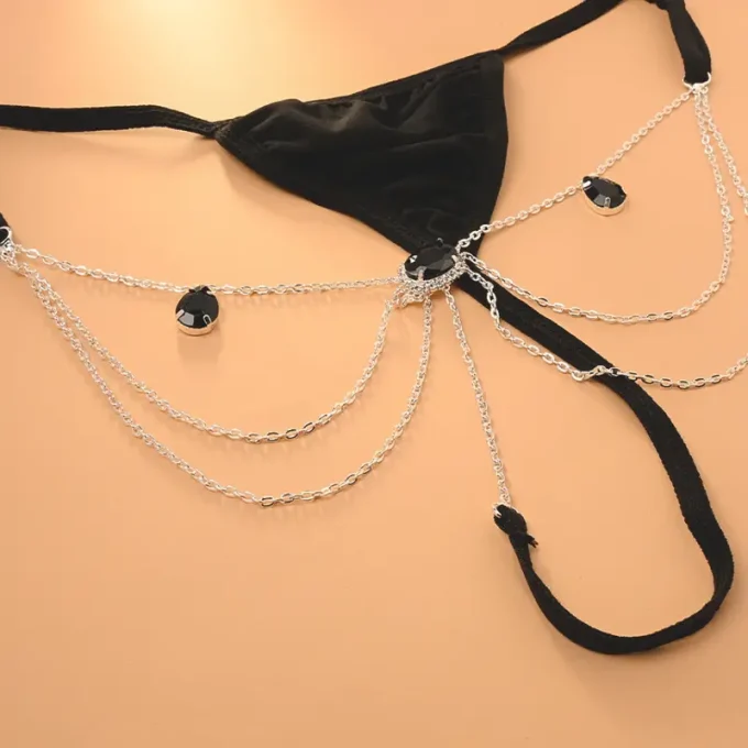 A Trendy And Stylish New Artificial Black Zirconia Sexy Underwear Chain For Ladies, Perfect For A Spicy Night Club Look, Featuring A Bikini Body Chain.