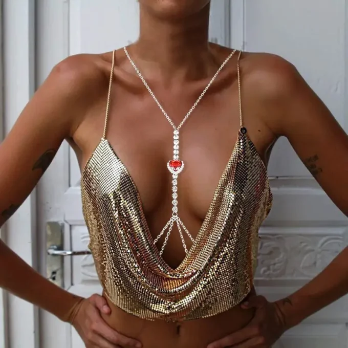 1pc trend Fashion Creative Fashion delicate sexy exaggerated Red Heart chain Summer sexy Bikini body chain Body Chain