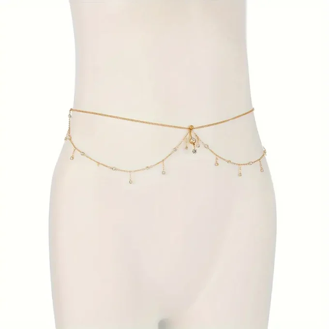 A Stylish And Sexy Belly Button Ring With Tassels And Rhinestones, A Delicate Body Chain For A Spicy Girl.