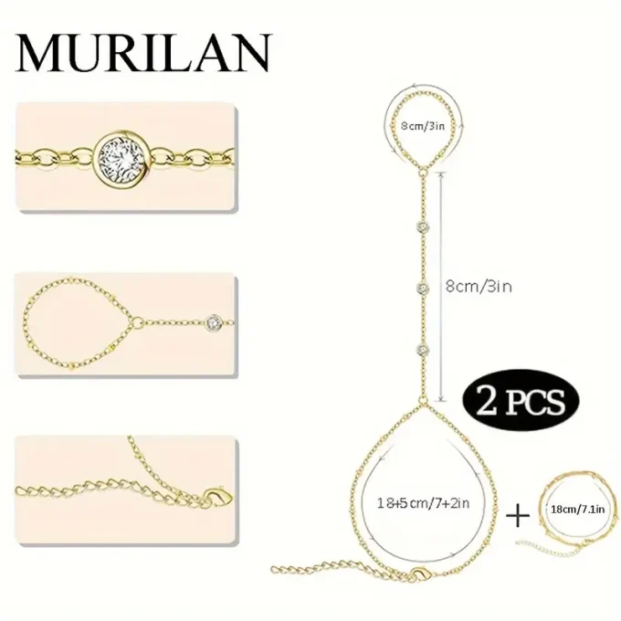 2pcs Adjustable Golden Hand Chain Bracelet with Rhinestone Ring for Women, Trendy Non-Tarnish Alloy Jewelry, Stack Finger, Golden Ring, Perfect for Winter, New Year