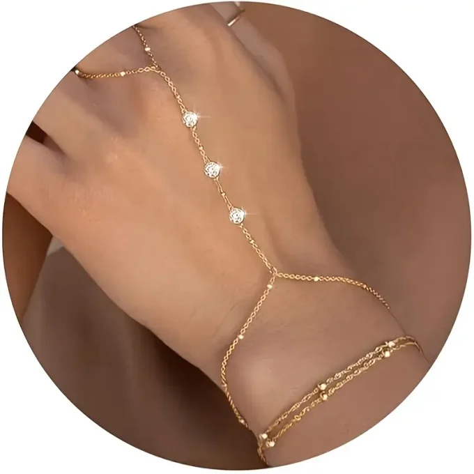 2pcs Adjustable Golden Hand Chain Bracelet with Rhinestone Ring for Women, Trendy Non-Tarnish Alloy Jewelry, Stack Finger, Golden Ring, Perfect for Winter, New Year